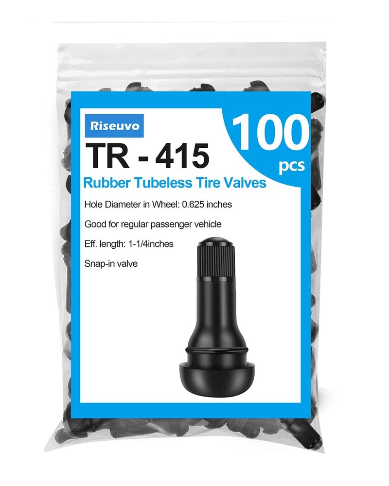 Riseuvo رايزوفو 100 قطعة صمامات إطارات مطاطية TR415 قابلة للتثبيت بحجم 0.625" لفتحات الجنط، تناسب السيارات والشاحنات والمقطورات والدراجات الرباعية ومعدات الحدائق - Image 1